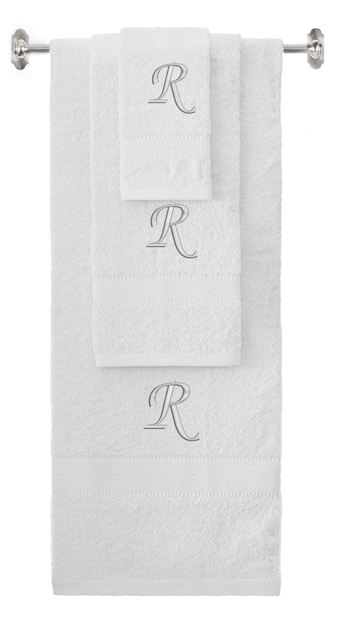 White monogrammed towel set with Silver thread, Chancery font, initial R - 540 GSM cotton 3-piece