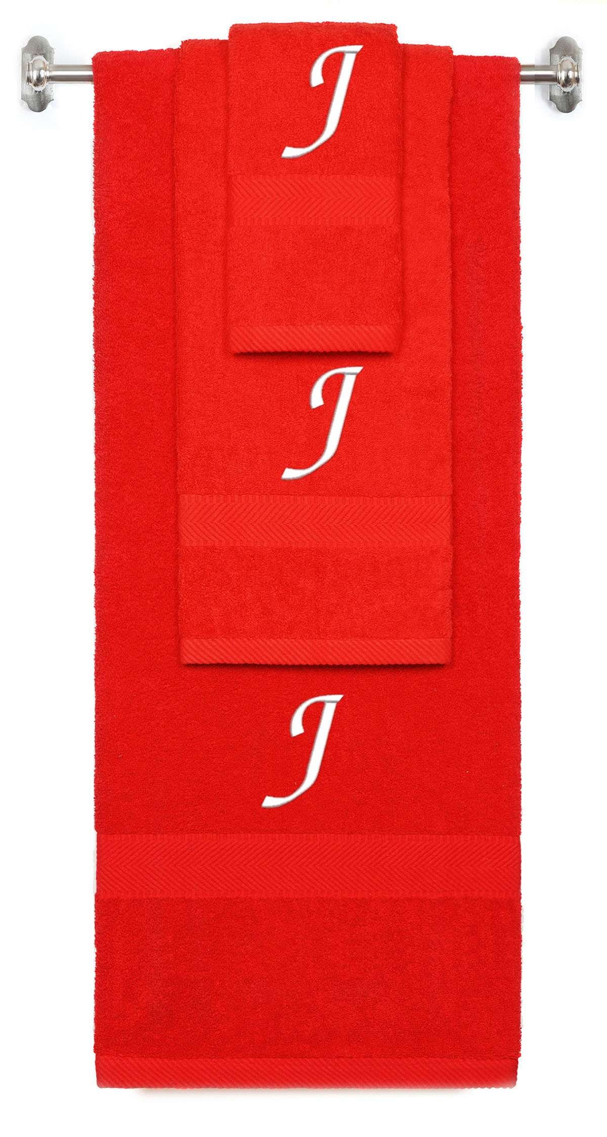 Red monogrammed towel set with White thread, Chancery font, initial J - 540 GSM cotton 3-piece