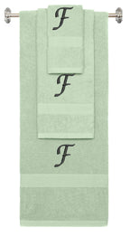 Mint Green monogrammed towel set with Black thread, Chancery font, initial F - 540 GSM cotton 3-piece