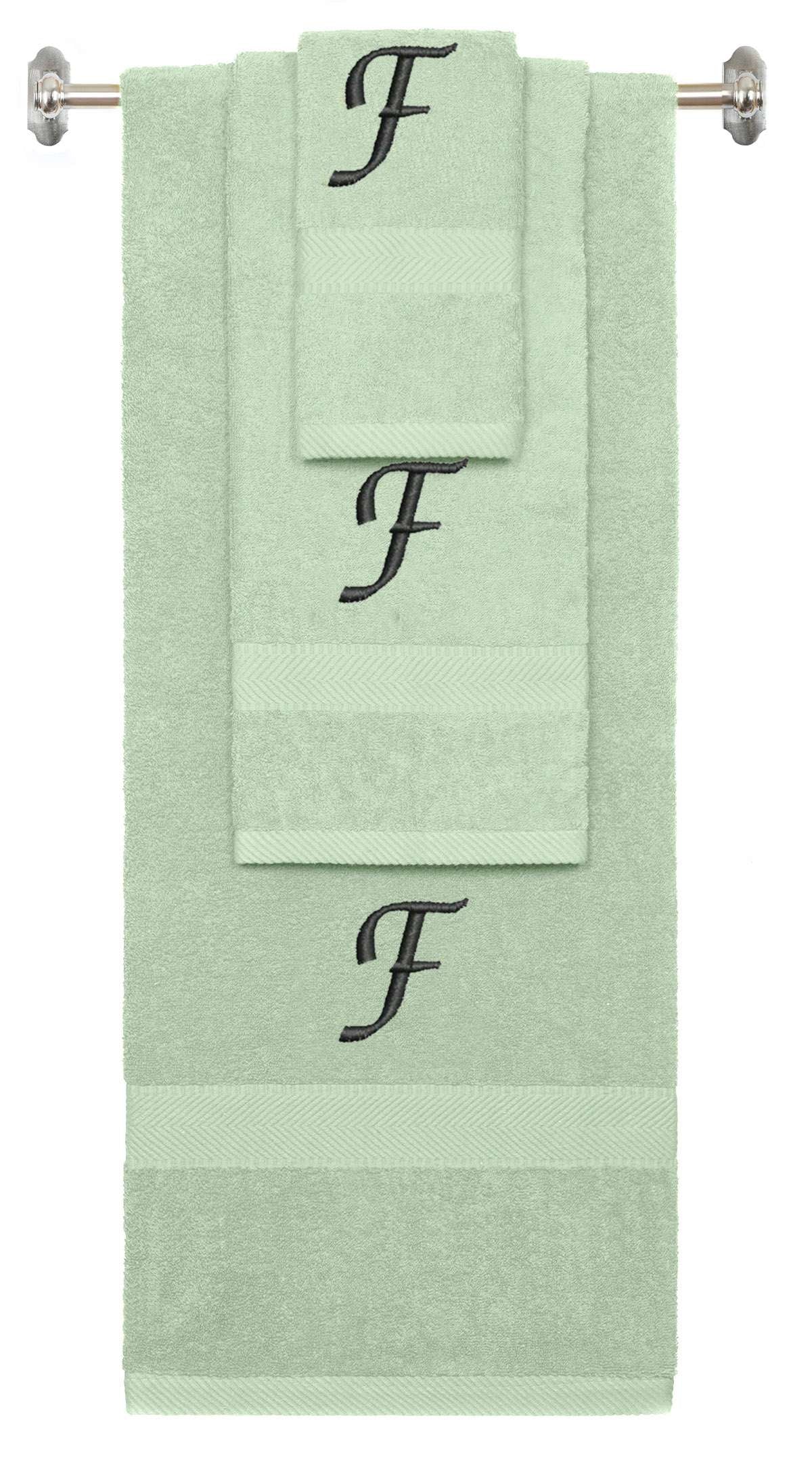 Mint Green monogrammed towel set with Black thread, Chancery font, initial F - 540 GSM cotton 3-piece