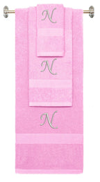 Pink monogrammed towel set with Silver thread, Chancery font, initial N - 540 GSM cotton 3-piece