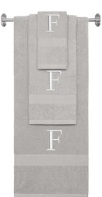 Silver monogrammed towel set with Silver thread, Times New Roman font, initial F - 540 GSM cotton 3-piece