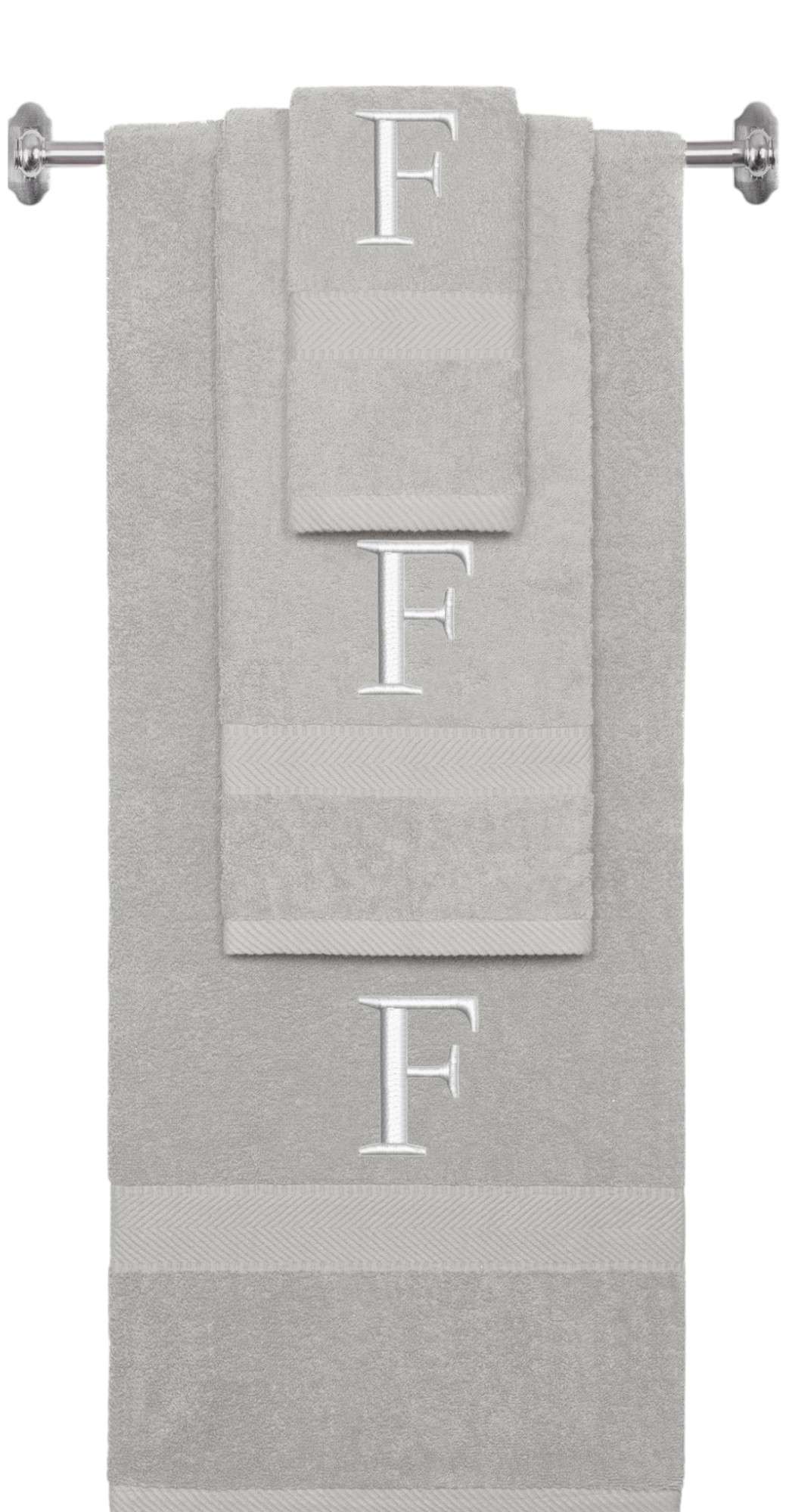 Silver monogrammed towel set with Silver thread, Times New Roman font, initial F - 540 GSM cotton 3-piece