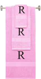 Pink monogrammed towel set with Black thread, Times New Roman font, initial Q - 540 GSM cotton 3-piece