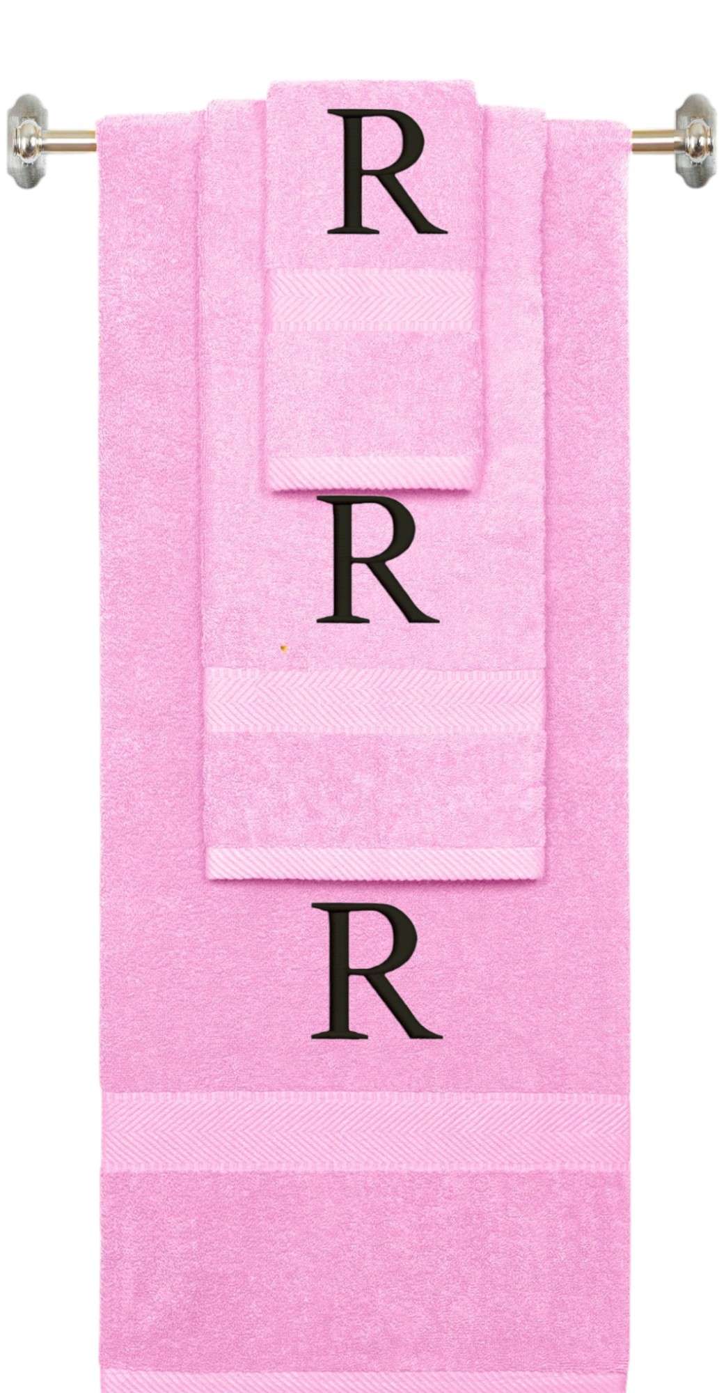 Pink monogrammed towel set with Black thread, Times New Roman font, initial Q - 540 GSM cotton 3-piece
