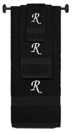 Black monogrammed towel set with White thread, Chancery font, initial R - 540 GSM cotton 3-piece