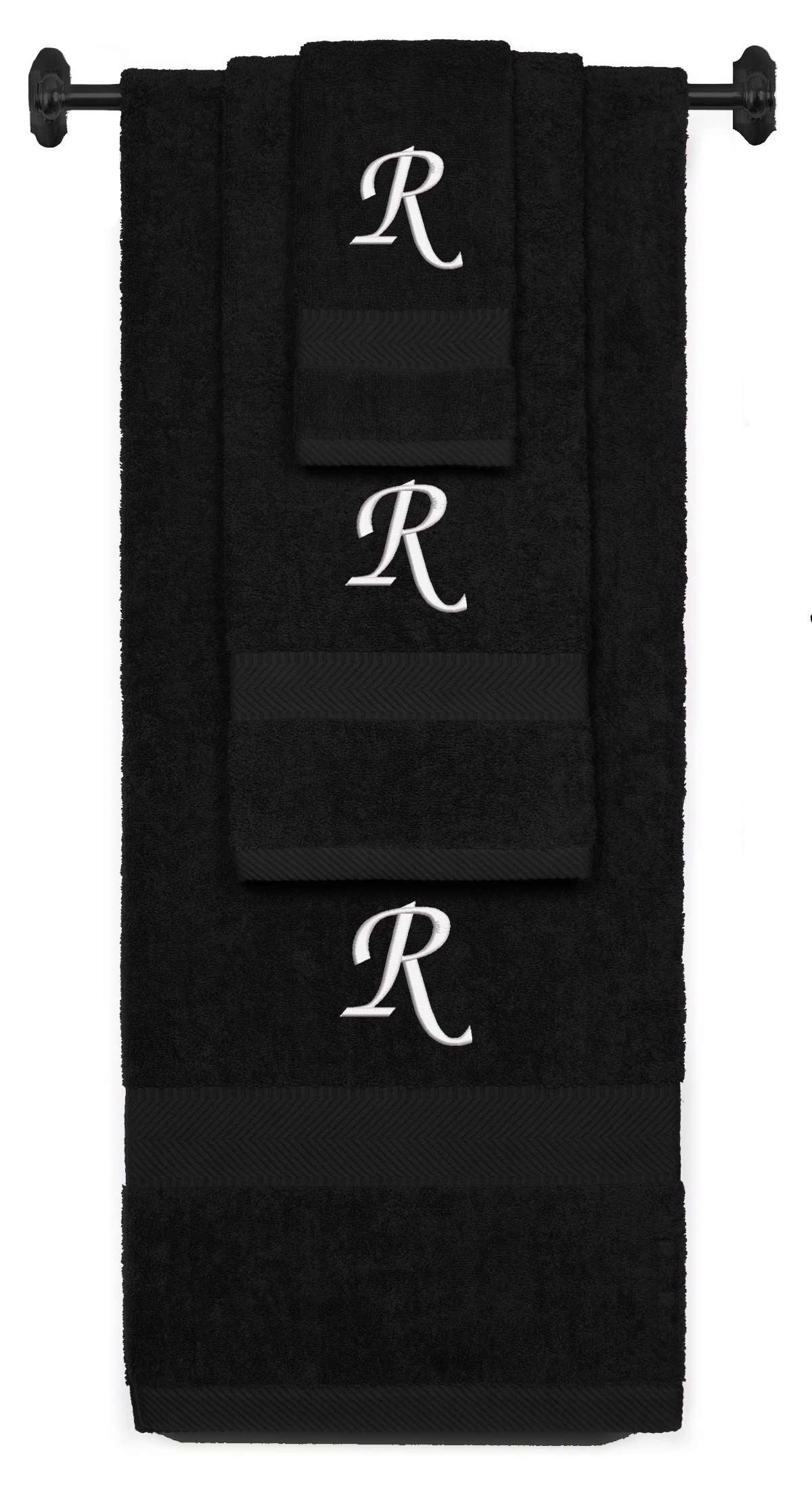 Black monogrammed towel set with White thread, Chancery font, initial R - 540 GSM cotton 3-piece