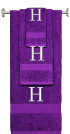 Purple monogrammed towel set with Silver thread, Times New Roman font, initial H - 540 GSM cotton 3-piece