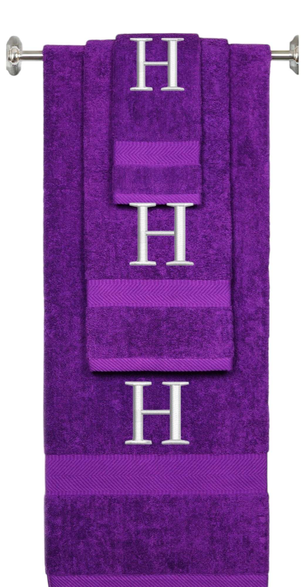 Purple monogrammed towel set with Silver thread, Times New Roman font, initial H - 540 GSM cotton 3-piece