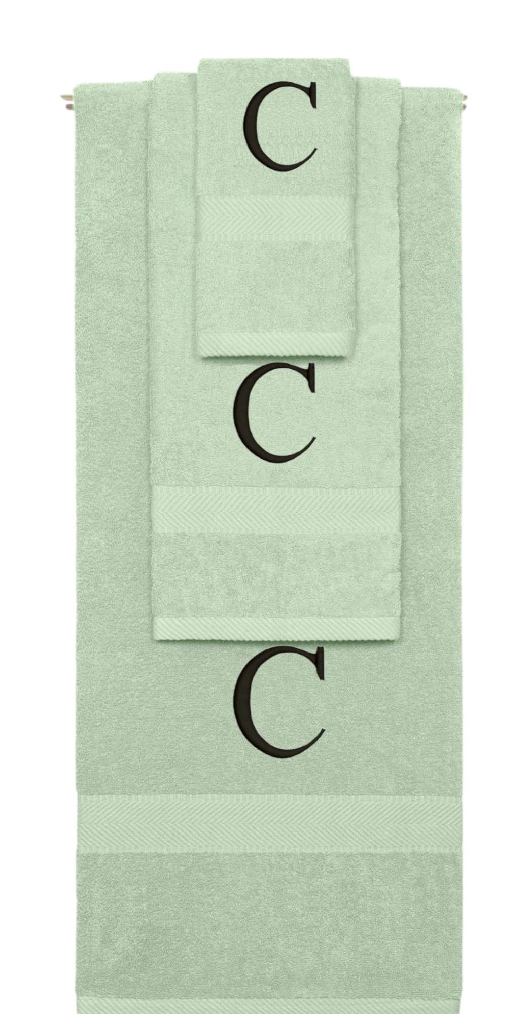 Mint Green monogrammed towel set with Black thread, Times New Roman font, initial C - 540 GSM cotton 3-piece
