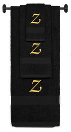 Black monogrammed towel set with Gold thread, Chancery font, initial Z - 540 GSM cotton 3-piece