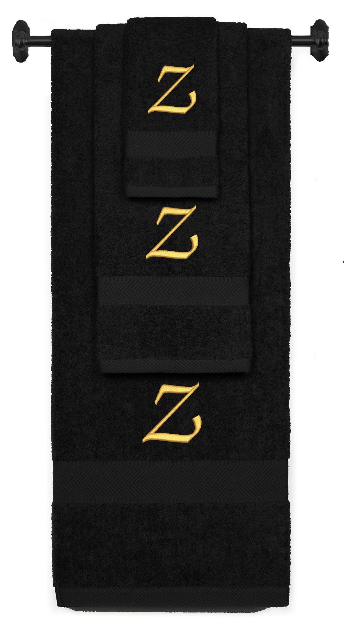 Black monogrammed towel set with Gold thread, Chancery font, initial Z - 540 GSM cotton 3-piece