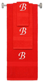 Red monogrammed towel set with White thread, Chancery font, initial B - 540 GSM cotton 3-piece