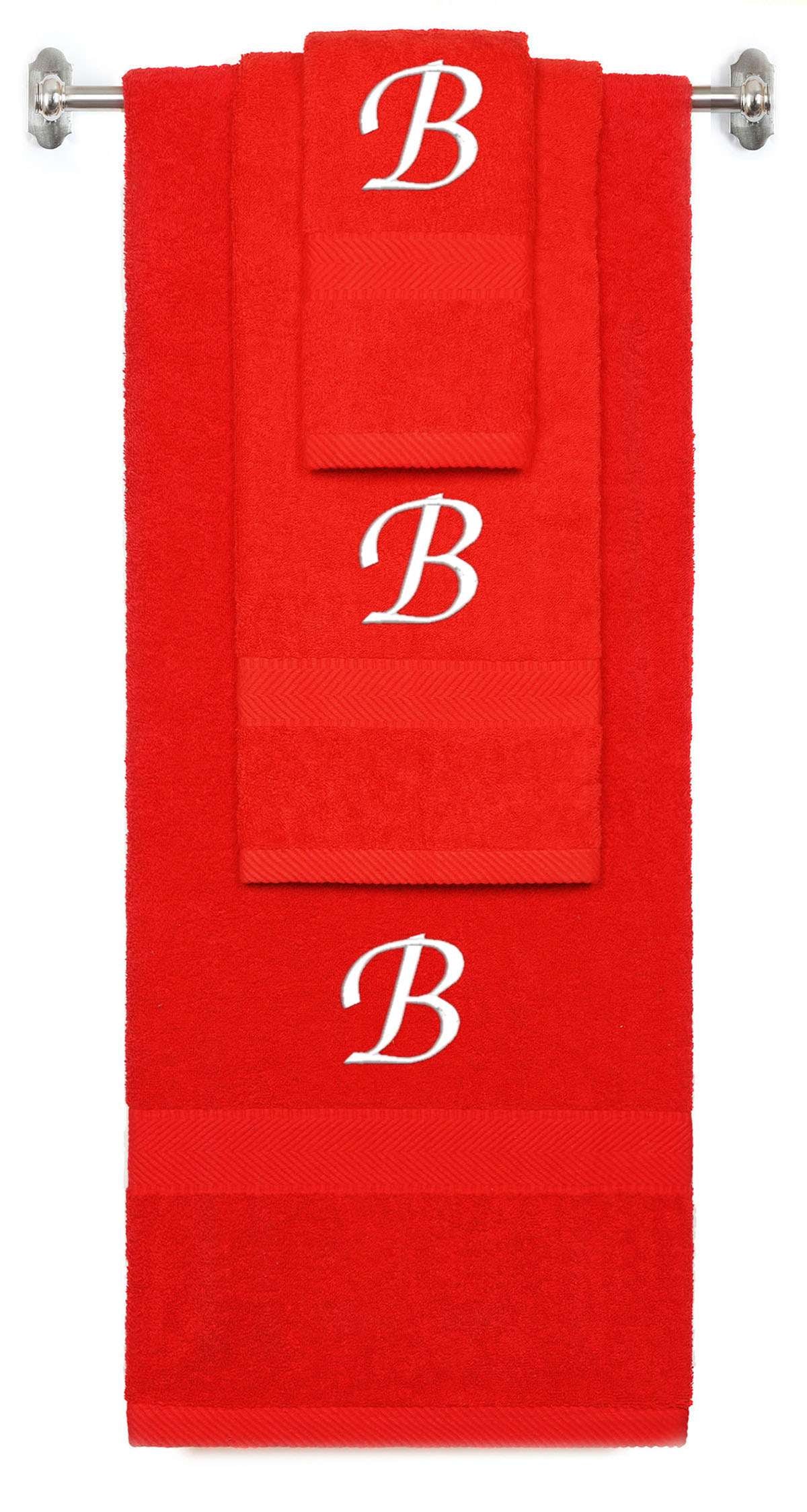 Red monogrammed towel set with White thread, Chancery font, initial B - 540 GSM cotton 3-piece