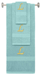 Nautical Teal monogrammed towel set with Gold thread, Chancery font, initial L - 540 GSM cotton 3-piece