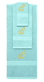 Nautical Teal monogrammed towel set with Gold thread, Diana Script font, initial S - 540 GSM cotton 3-piece