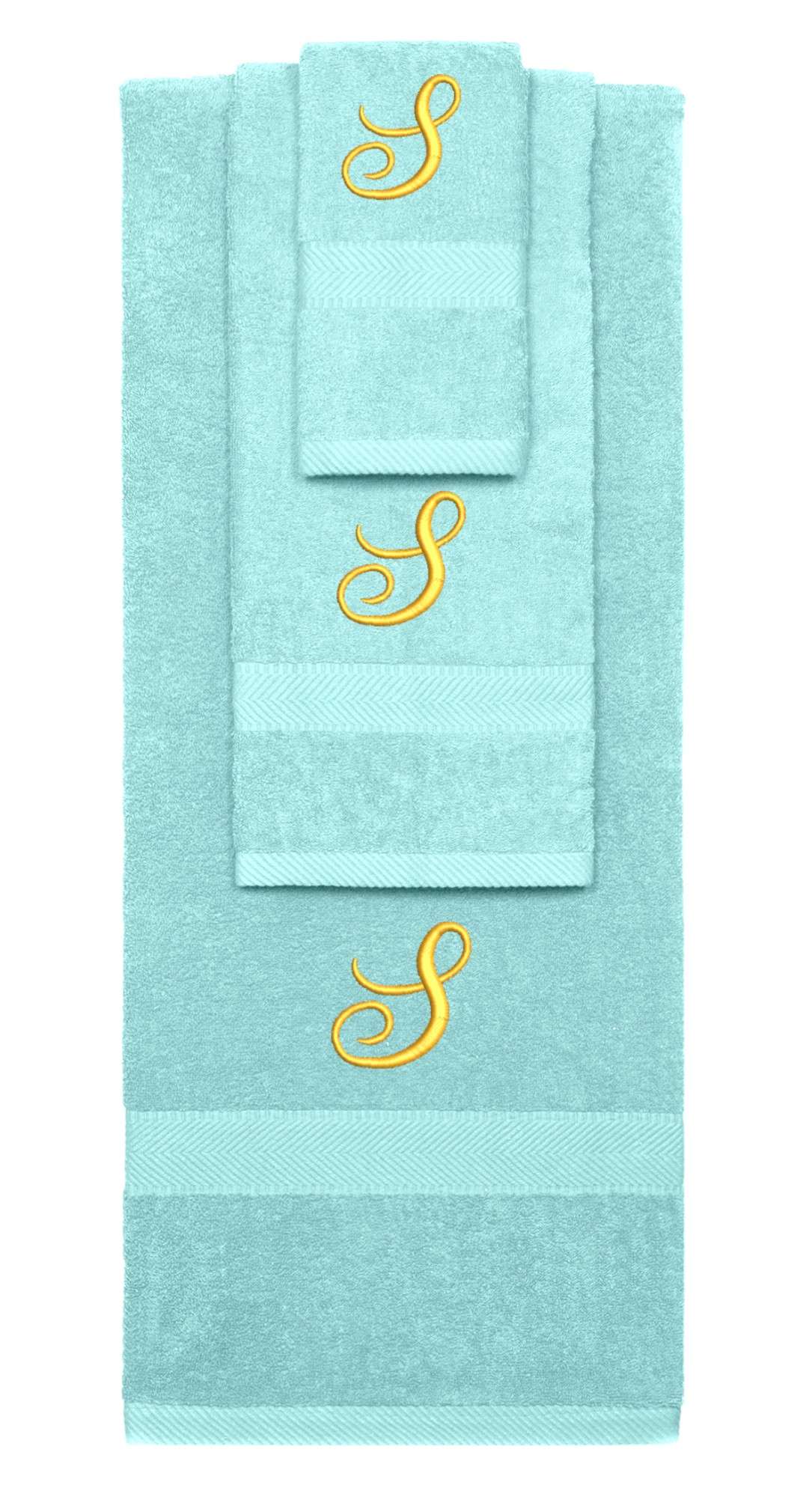 Nautical Teal monogrammed towel set with Gold thread, Diana Script font, initial S - 540 GSM cotton 3-piece
