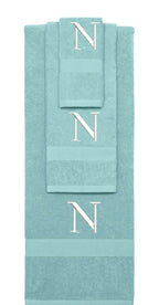 Nautical Teal monogrammed towel set with White thread, Times New Roman font, initial N - 540 GSM cotton 3-piece