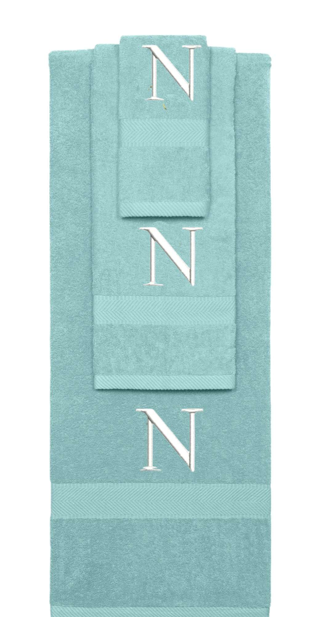 Nautical Teal monogrammed towel set with White thread, Times New Roman font, initial N - 540 GSM cotton 3-piece