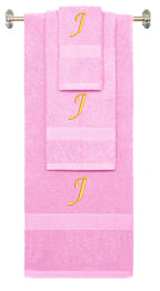 Pink monogrammed towel set with Gold thread, Chancery font, initial J - 540 GSM cotton 3-piece