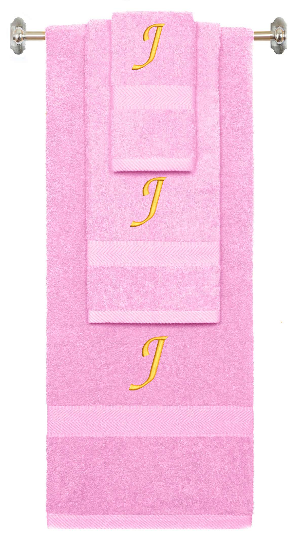 Pink monogrammed towel set with Gold thread, Chancery font, initial J - 540 GSM cotton 3-piece