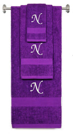 Purple monogrammed towel set with White thread, Chancery font, initial N - 540 GSM cotton 3-piece