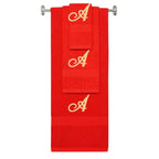 Red monogrammed towel set with Gold thread, Diana Script font, initial A - 540 GSM cotton 3-piece