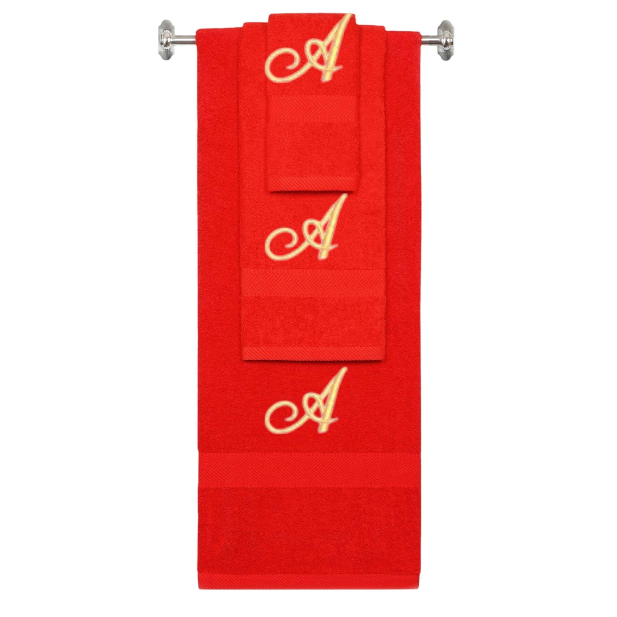 Red monogrammed towel set with Gold thread, Diana Script font, initial A - 540 GSM cotton 3-piece