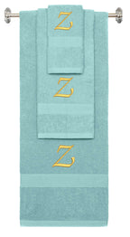 Nautical Teal monogrammed towel set with Gold thread, Chancery font, initial Y - 540 GSM cotton 3-piece
