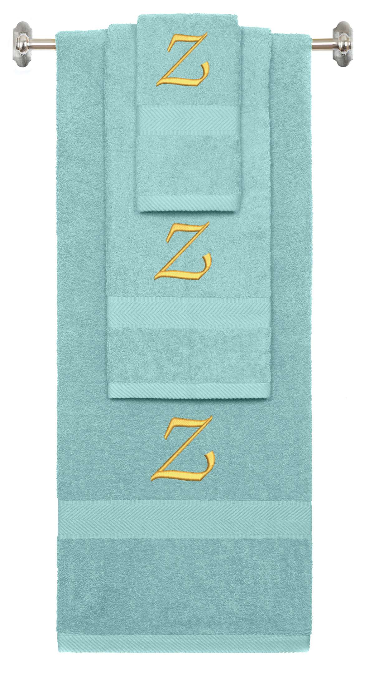 Nautical Teal monogrammed towel set with Gold thread, Chancery font, initial Y - 540 GSM cotton 3-piece
