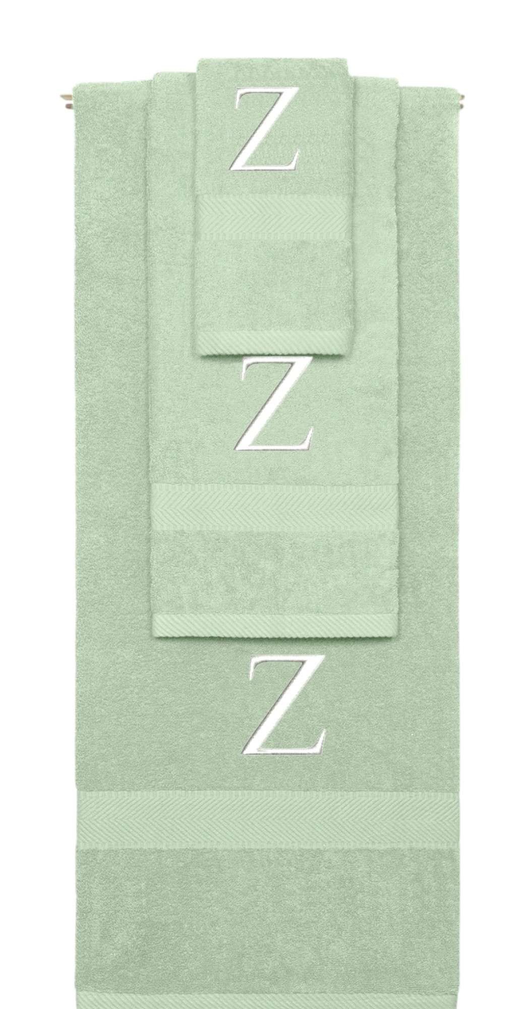 Mint Green monogrammed towel set with White thread, Times New Roman font, initial Z - 540 GSM cotton 3-piece
