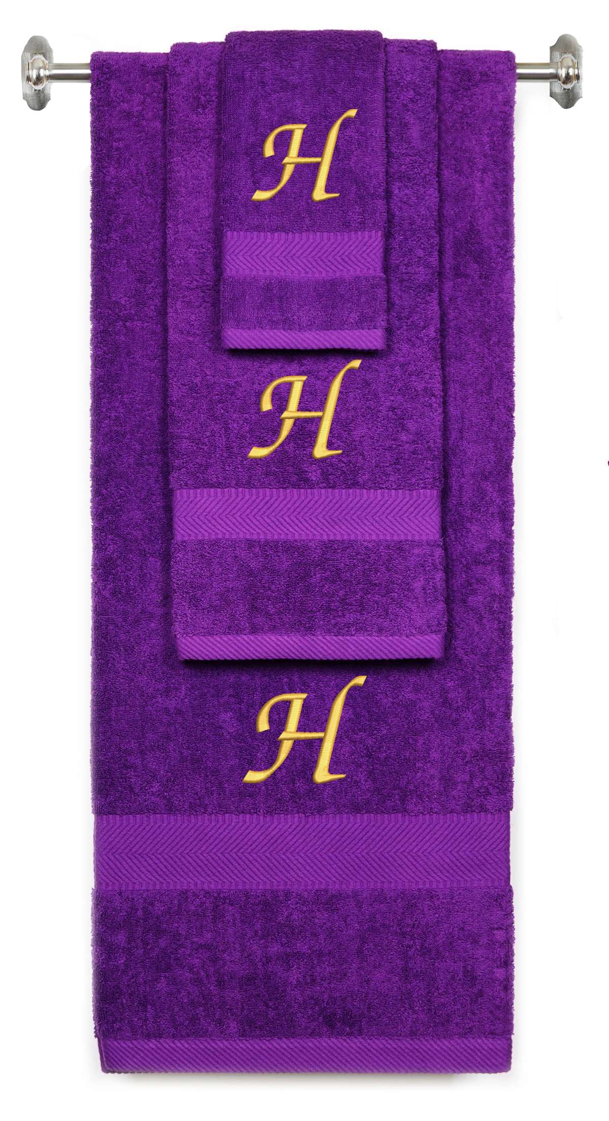 Purple monogrammed towel set with Gold thread, Chancery font, initial H - 540 GSM cotton 3-piece