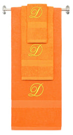 Orange monogrammed towel set with Gold thread, Diana Script font, initial D - 540 GSM cotton 3-piece