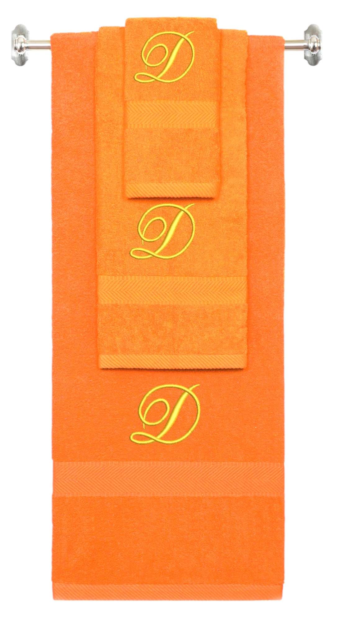 Orange monogrammed towel set with Gold thread, Diana Script font, initial D - 540 GSM cotton 3-piece