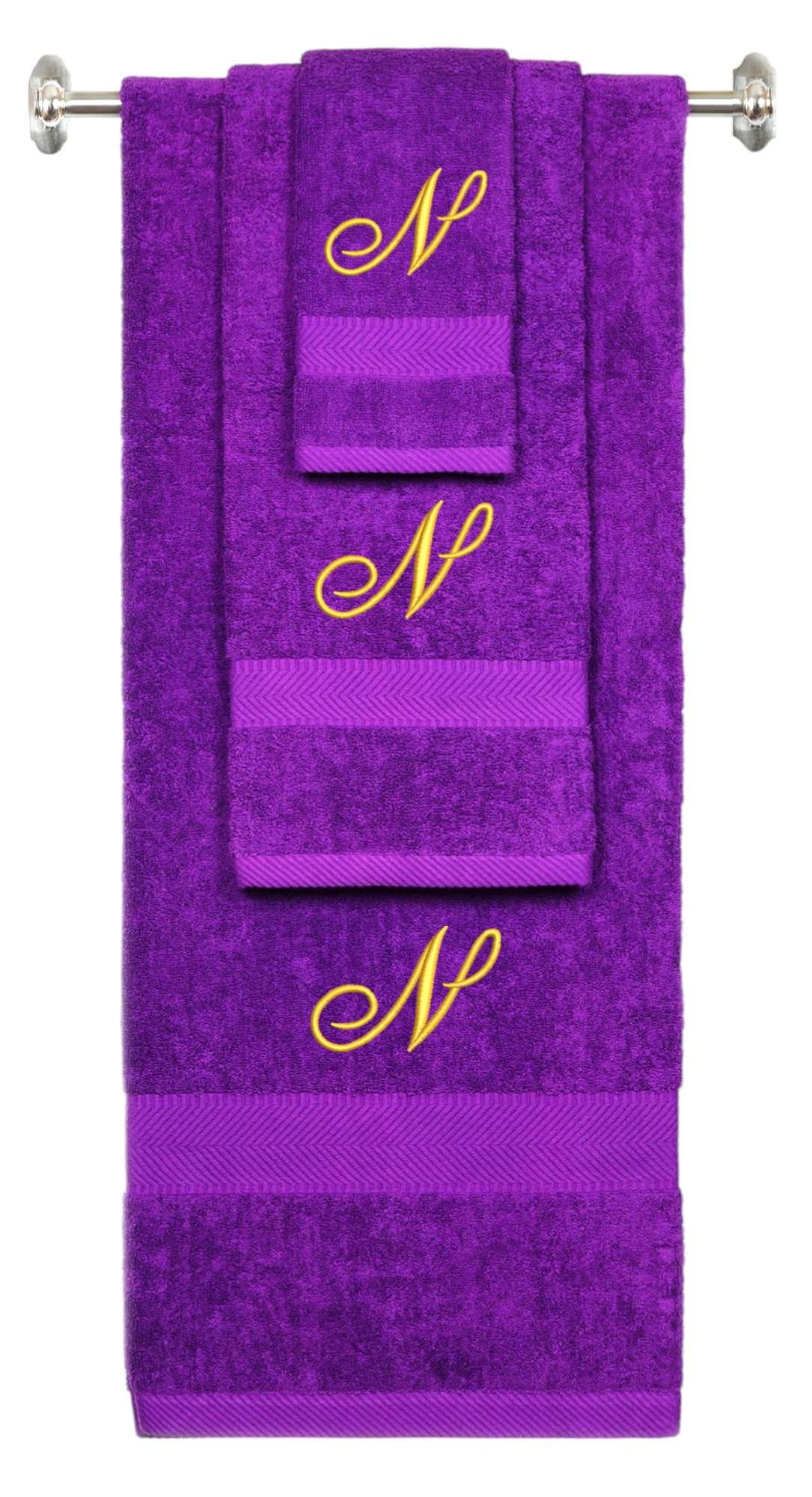 Purple monogrammed towel set with Gold thread, Diana Script font, initial N - 540 GSM cotton 3-piece