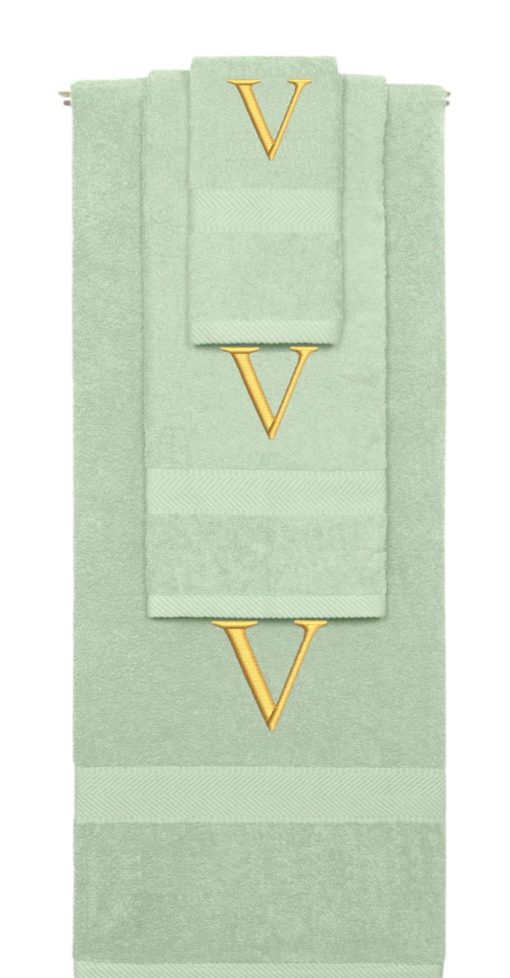 Mint Green monogrammed towel set with Gold thread, Times New Roman font, initial V - 540 GSM cotton 3-piece