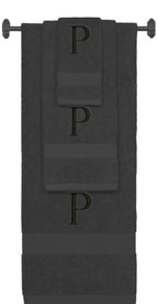 Charcoal monogrammed towel set with Black thread, Times New Roman font, initial P - 540 GSM cotton 3-piece