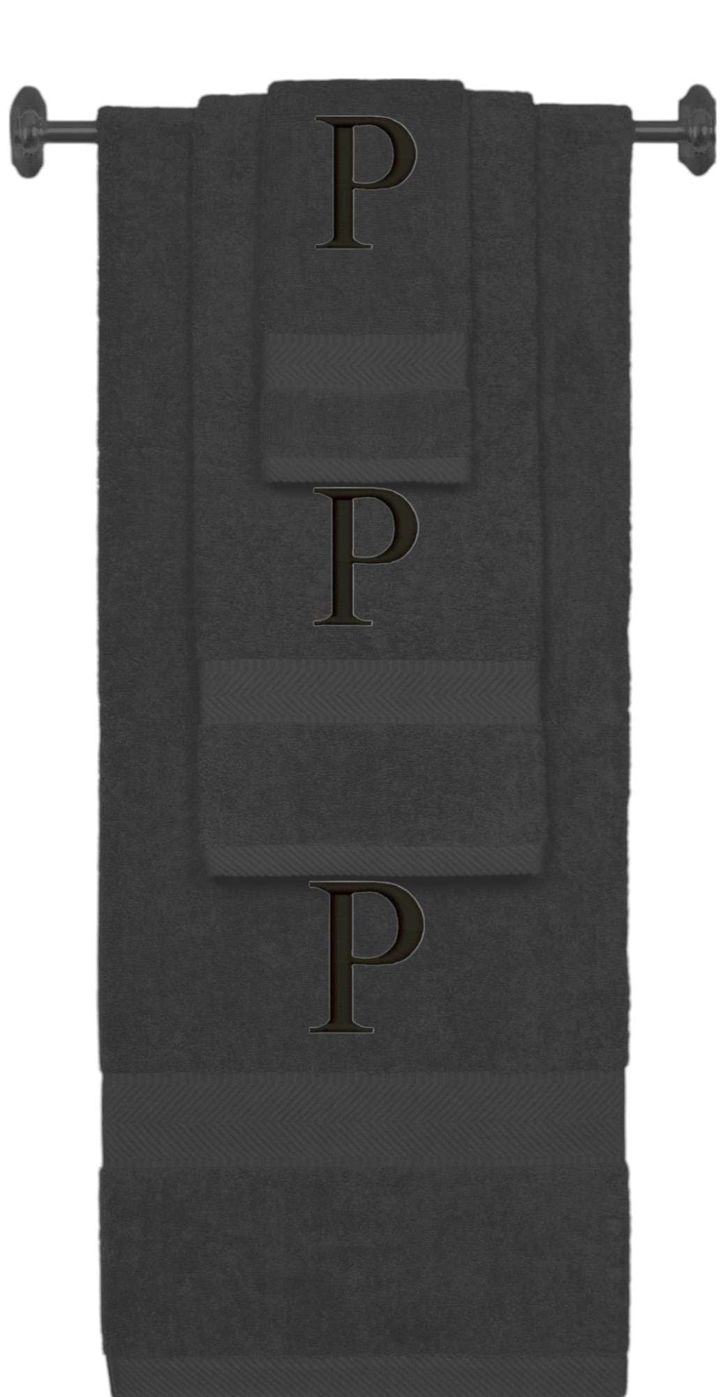Charcoal monogrammed towel set with Black thread, Times New Roman font, initial P - 540 GSM cotton 3-piece