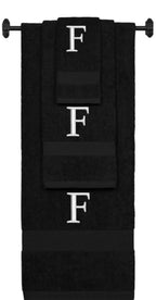 Black monogrammed towel set with Silver thread, Times New Roman font, initial F - 540 GSM cotton 3-piece