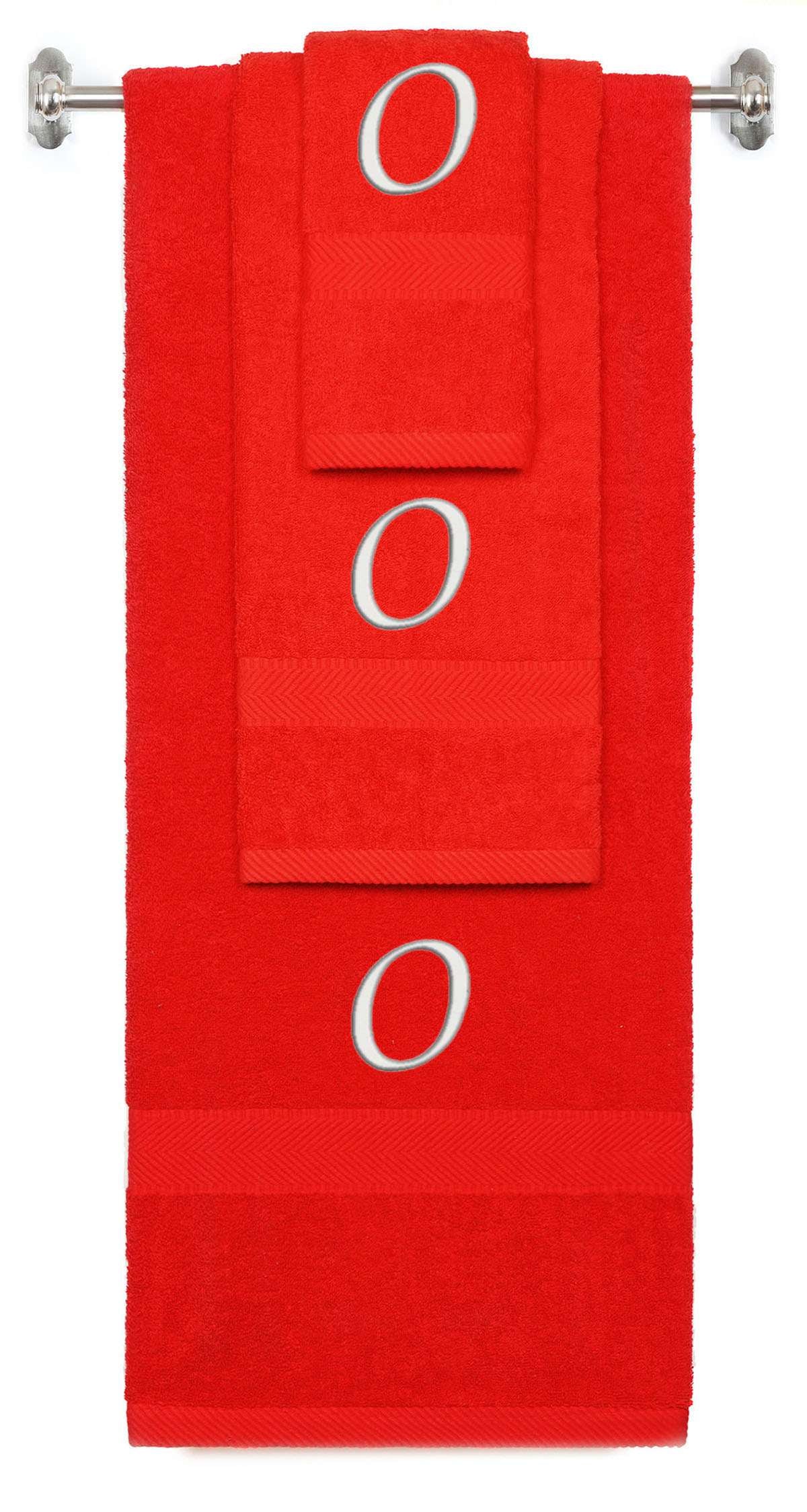 Red monogrammed towel set with Silver thread, Chancery font, initial O - 540 GSM cotton 3-piece