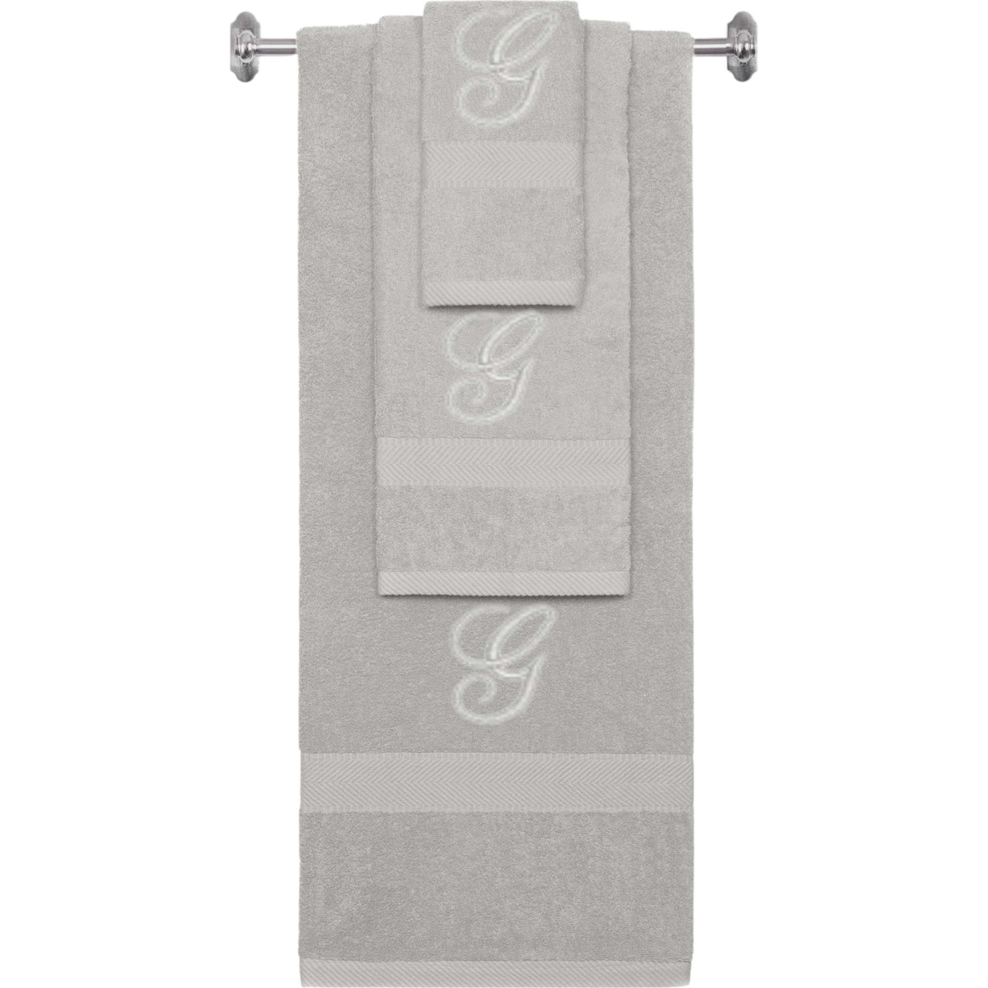Silver monogrammed towel set with Silver thread, Diana Script font, initial G - 540 GSM cotton 3-piece
