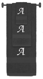 Charcoal monogrammed towel set with White thread, Chancery font, initial A - 540 GSM cotton 3-piece