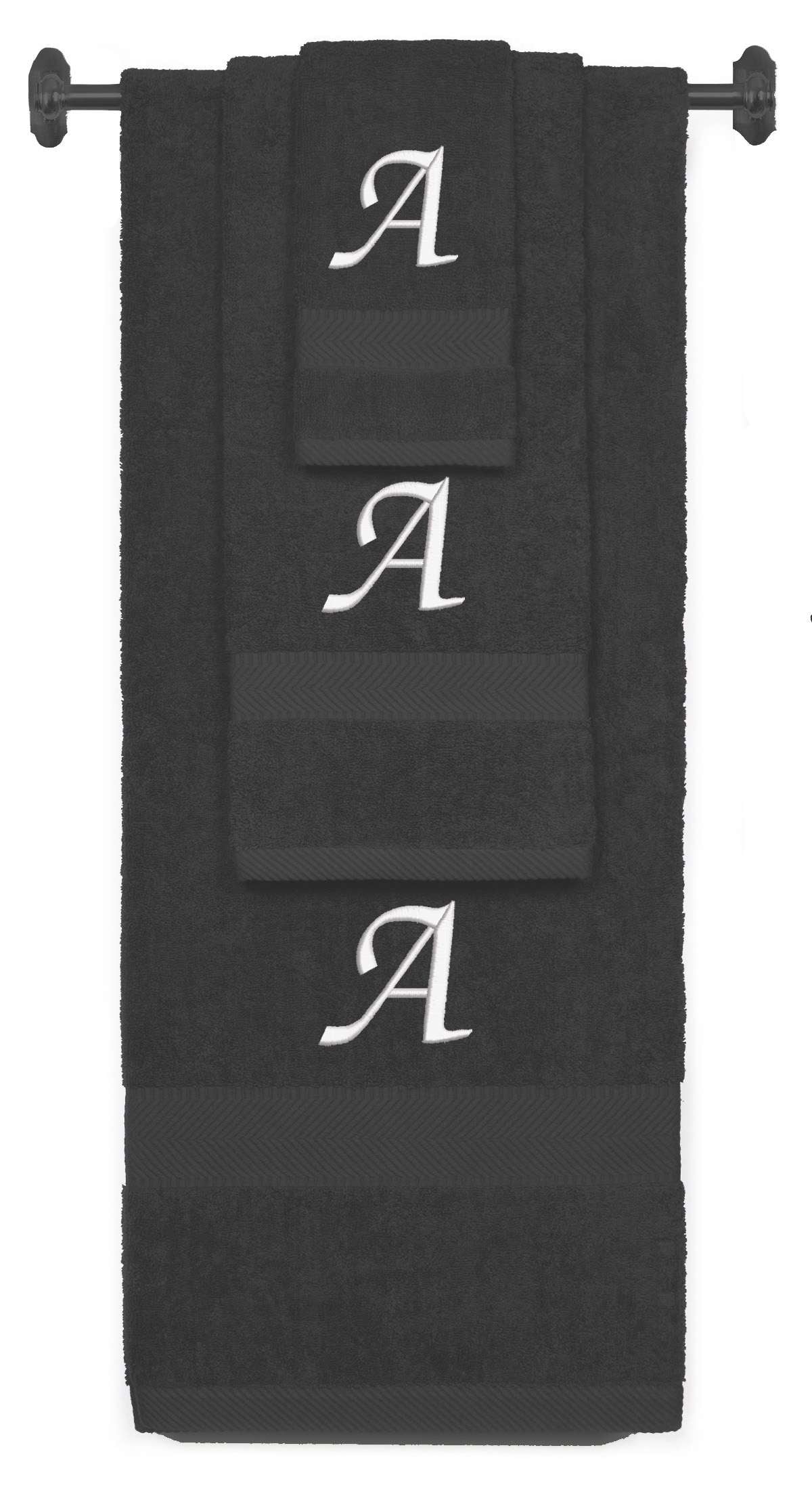 Charcoal monogrammed towel set with White thread, Chancery font, initial A - 540 GSM cotton 3-piece