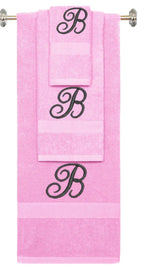 Pink monogrammed towel set with Black thread, Diana Script font, initial B - 540 GSM cotton 3-piece
