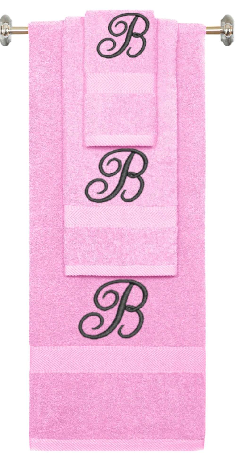 Pink monogrammed towel set with Black thread, Diana Script font, initial B - 540 GSM cotton 3-piece