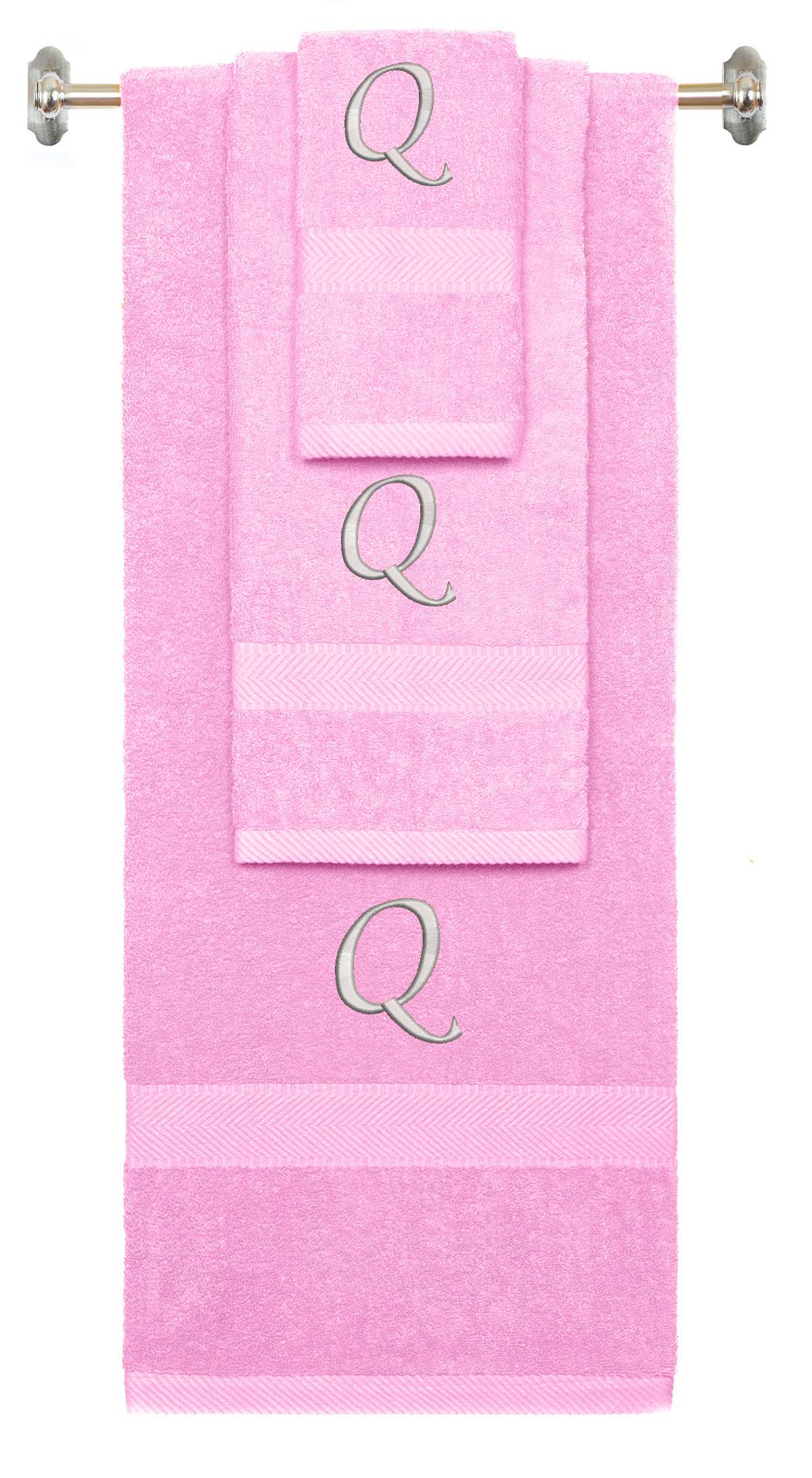 Pink monogrammed towel set with Silver thread, Chancery font, initial Q - 540 GSM cotton 3-piece