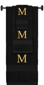 Black monogrammed towel set with Gold thread, Times New Roman font, initial M - 540 GSM cotton 3-piece
