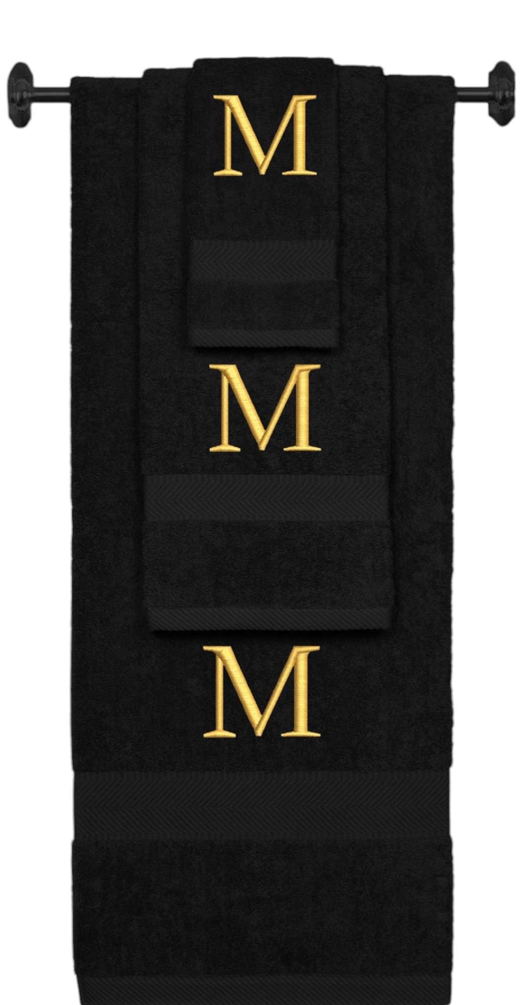 Black monogrammed towel set with Gold thread, Times New Roman font, initial M - 540 GSM cotton 3-piece