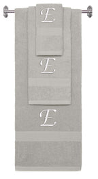 Silver monogrammed towel set with White thread, Chancery font, initial E - 540 GSM cotton 3-piece