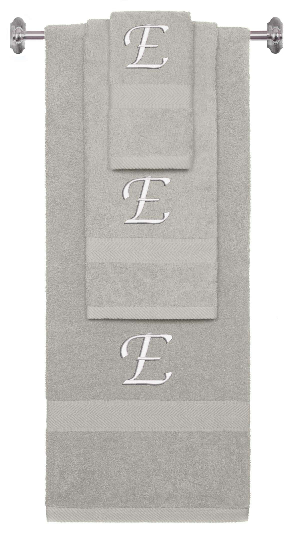 Silver monogrammed towel set with White thread, Chancery font, initial E - 540 GSM cotton 3-piece